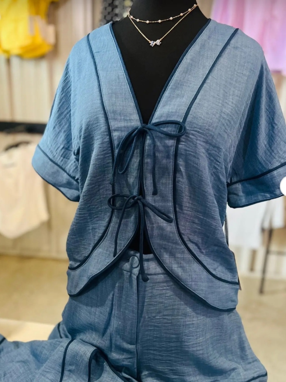 Women’s Blue Tie-Front Lounge Shorts Set
